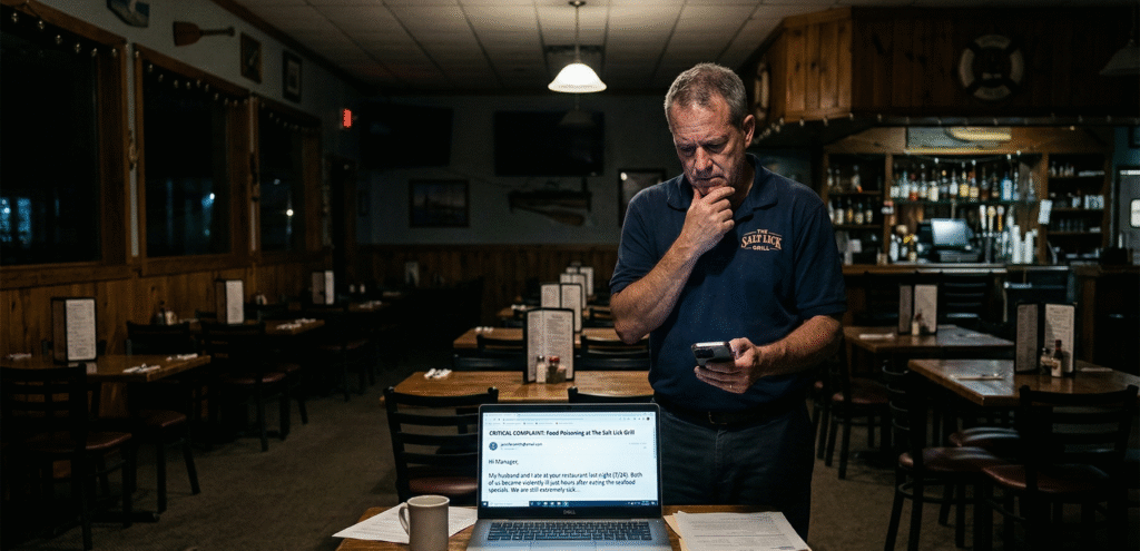 Florida restaurant owner reviewing a food poisoning complaint after hours