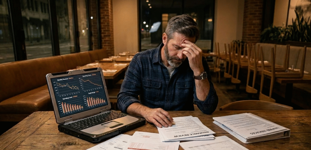 Florida restaurant owner reviewing insurance documents after a delivery accident