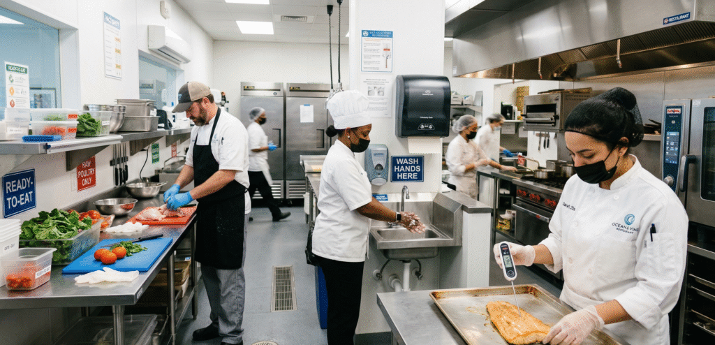 Restaurant kitchen staff following food safety procedures
