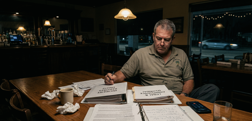 Florida restaurant owner reviewing insurance documents after a customer injury