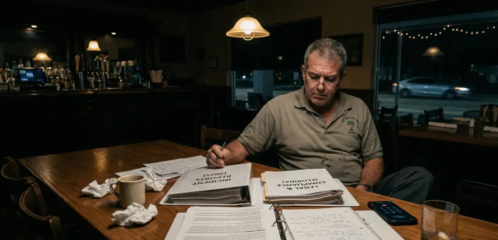 Florida restaurant owner reviewing insurance documents after a customer injury