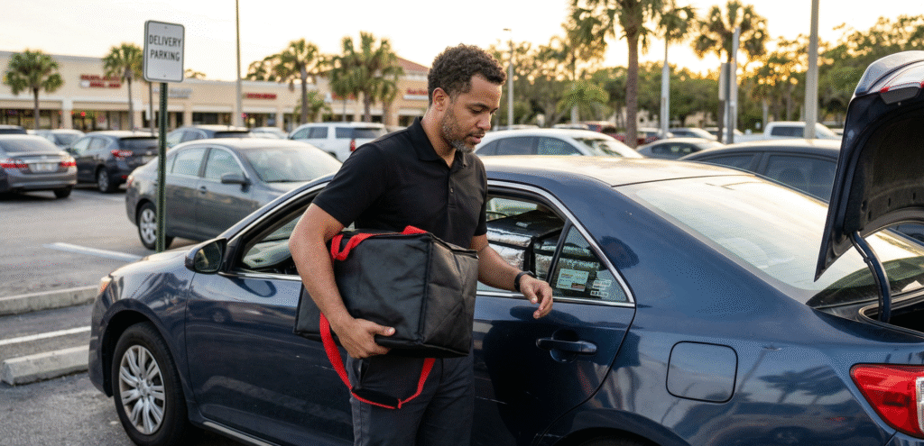 Restaurant employee using a personal vehicle for food delivery