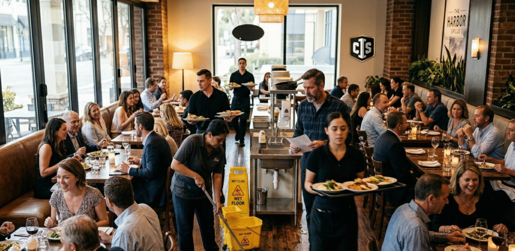 Busy Florida restaurant showing customer traffic and service-related risk