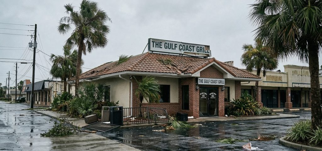 Hyperrealistic exterior photo of a Florida restaurant with minor storm damage, debris outside, damaged signage, wet pavement, overcast sky after severe weather, realistic commercial strip setting, editorial photography style, no text overlay.