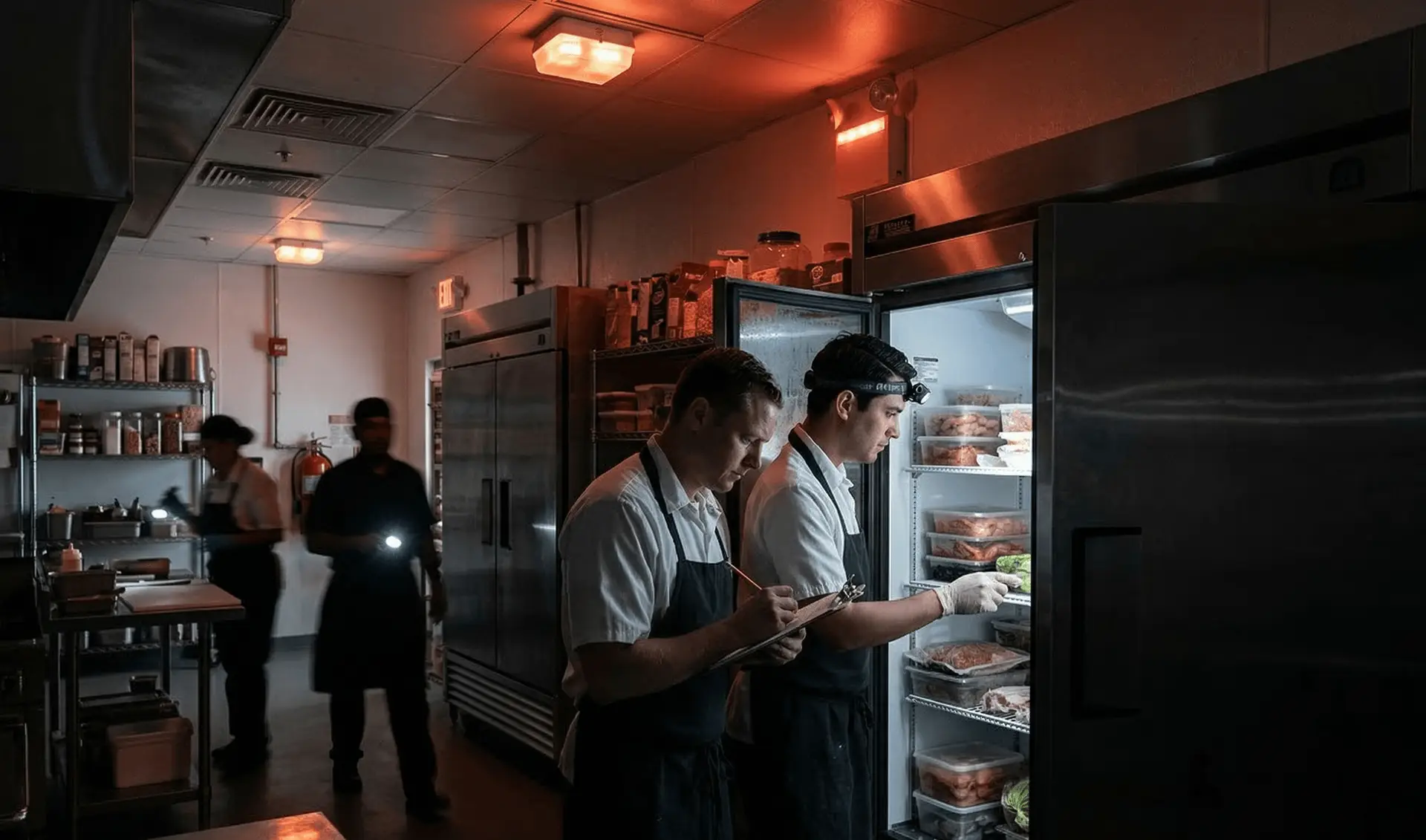 Restaurant staff checking food loss during a power outage