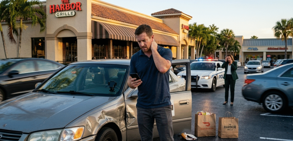 Restaurant delivery driver standing near a damaged car after an accident