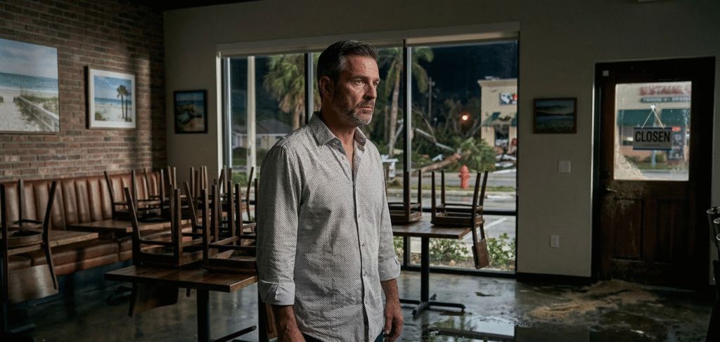 A realistic exterior view of a restaurant after severe weather, emphasizing the link between property damage and business interruption.