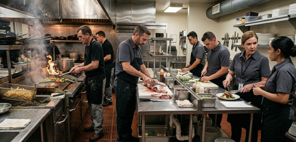Restaurant kitchen staff working in a high-risk food service environment