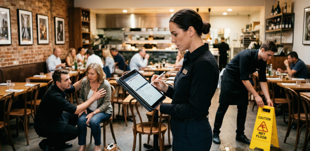 Restaurant manager documenting a customer injury incident