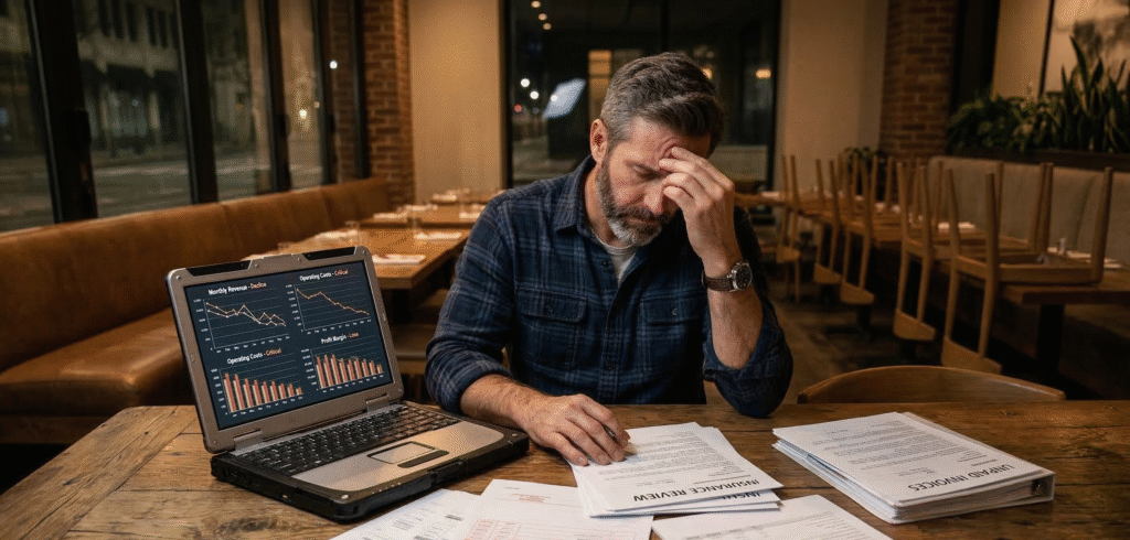 Florida business owner reviewing insurance paperwork after financial stress