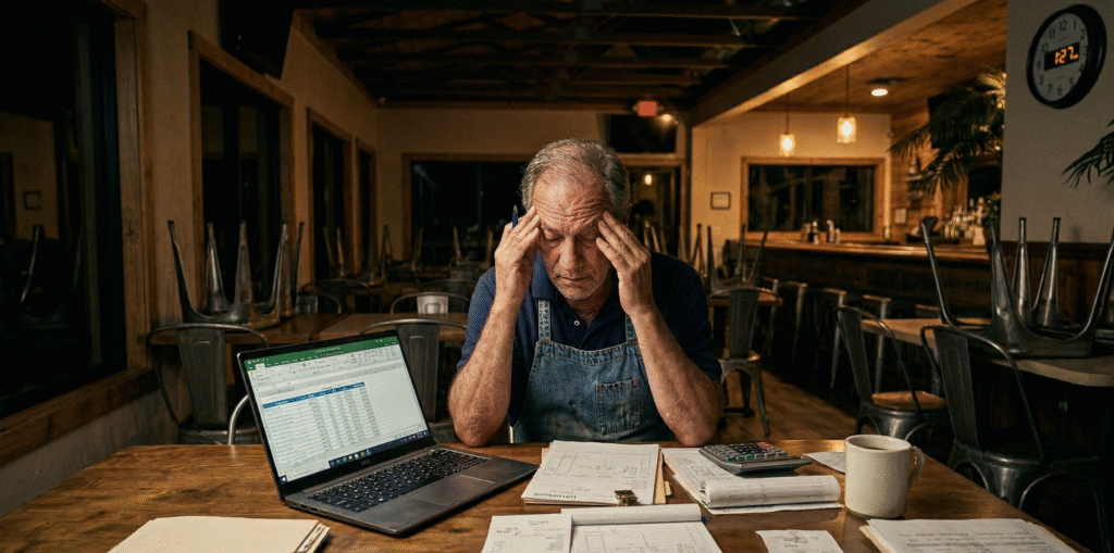 Restaurant owner reviewing financial reports late at night