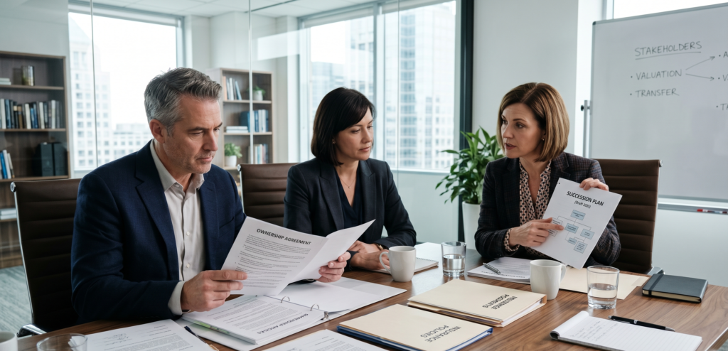 Business partners reviewing life insurance and buy-sell planning