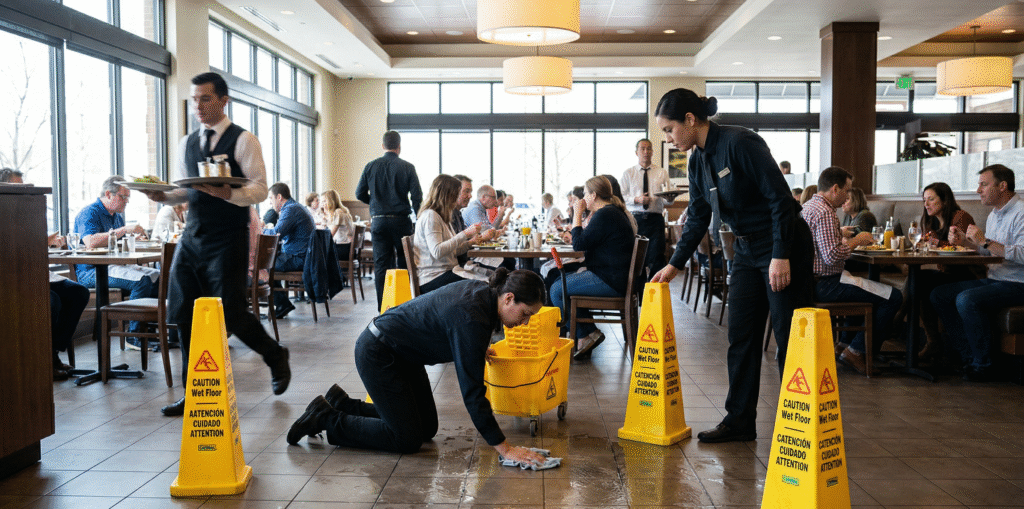 Restaurant staff cleaning a spill in a service area