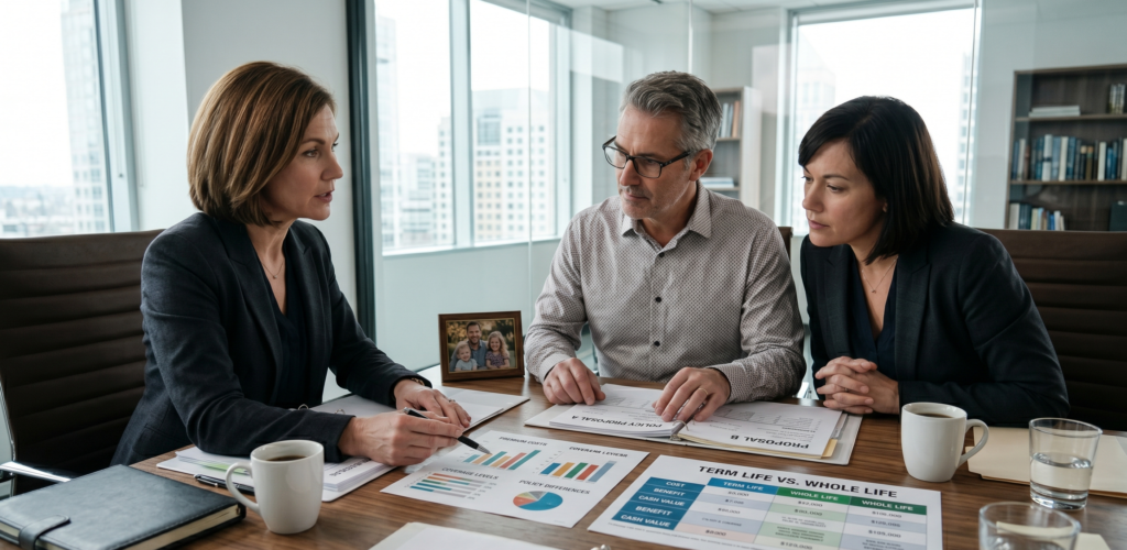 Insurance advisor explaining term life and whole life insurance differences