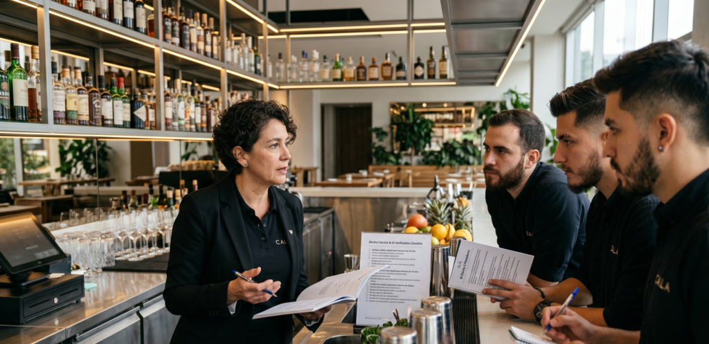 Restaurant staff reviewing alcohol service procedures before a shift