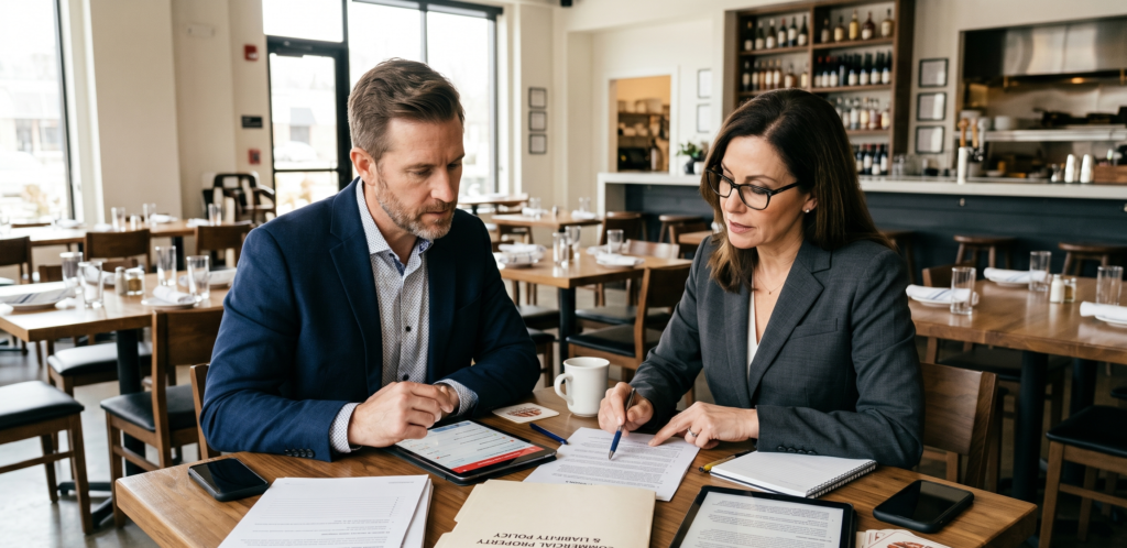Restaurant owner reviewing delivery insurance coverage with an advisor