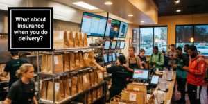 Busy restaurant pickup area showing operational pressure from delivery orders