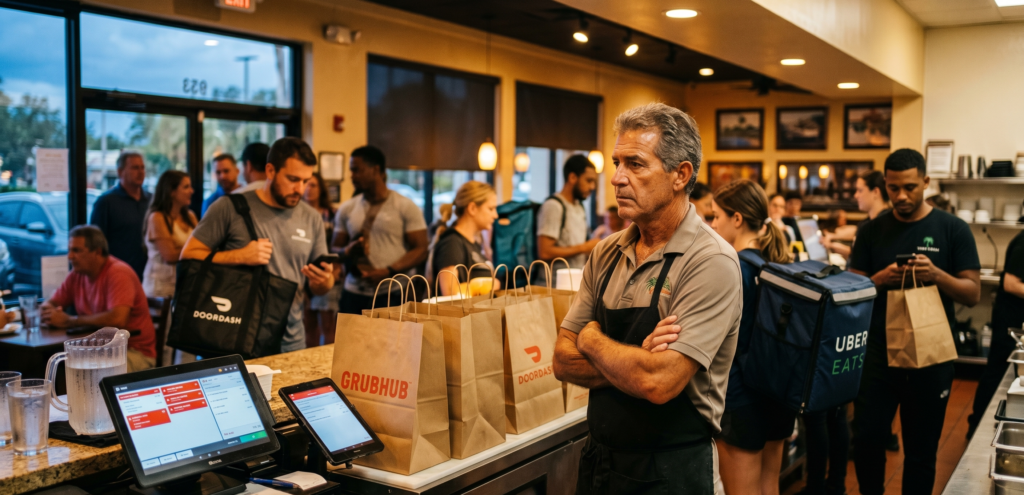 Restaurant owner reviewing delivery-related business risks