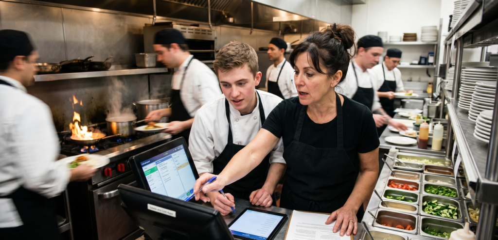 Restaurant manager training staff under labor pressure