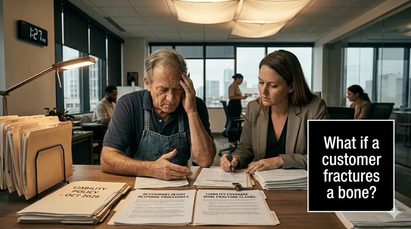 A realistic editorial-style image of a restaurant owner reviewing surveillance and paperwork after a customer fracture incident.