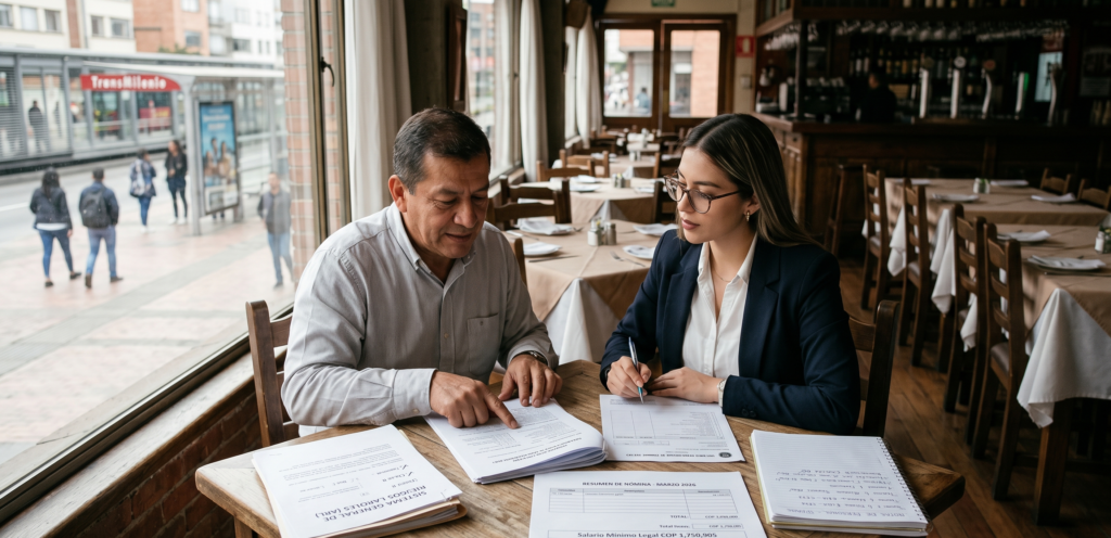 Restaurant owner reviewing workers compensation insurance and payroll changes