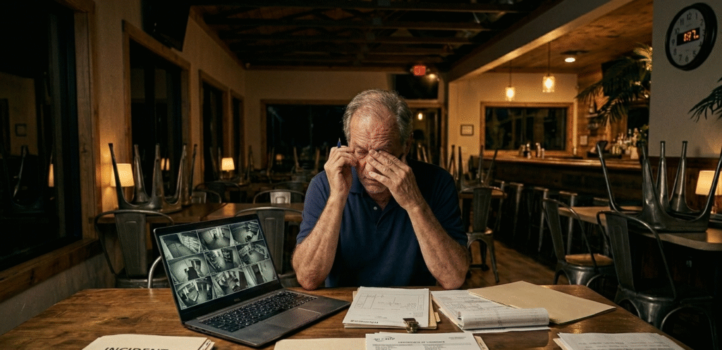 Restaurant owner reviewing footage and insurance documents after a customer injury