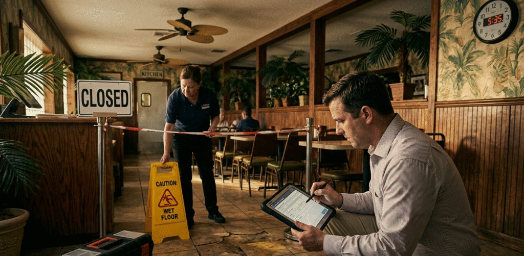 Restaurant manager documenting a customer fall incident