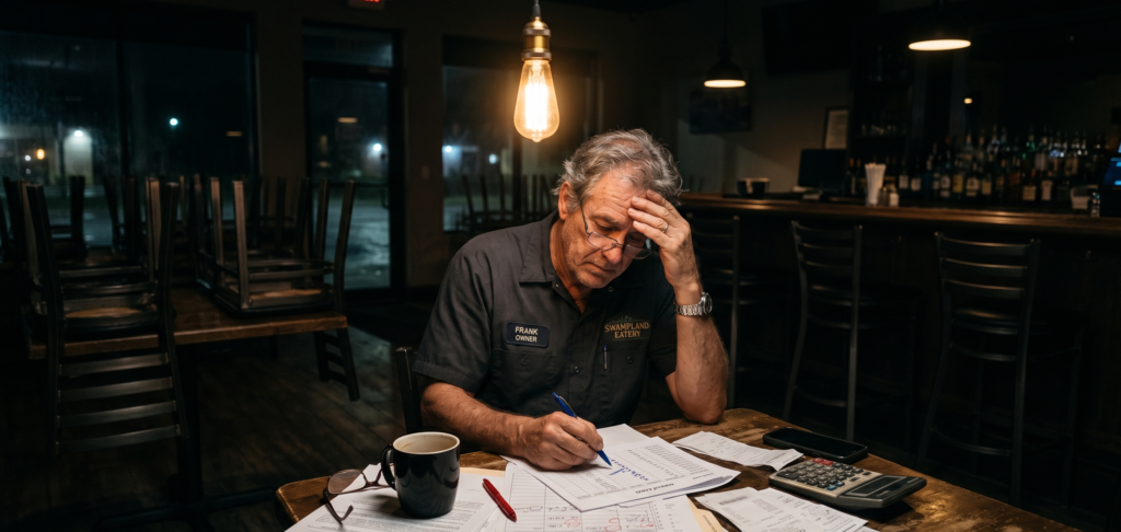 Florida restaurant owner reviewing payroll pressure and insurance decisions