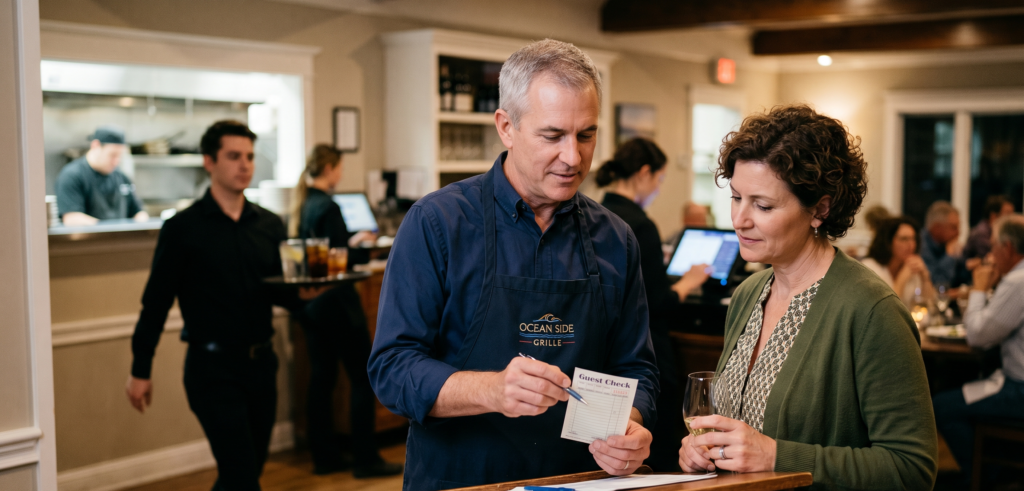 Restaurant manager explaining a service fee to a customer