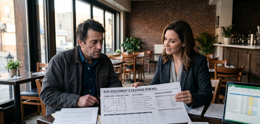 Restaurant owner reviewing liability risk and insurance coverage before a claim happens
