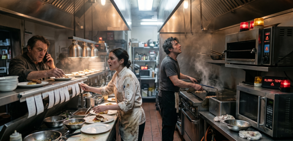 Busy restaurant kitchen under operational stress