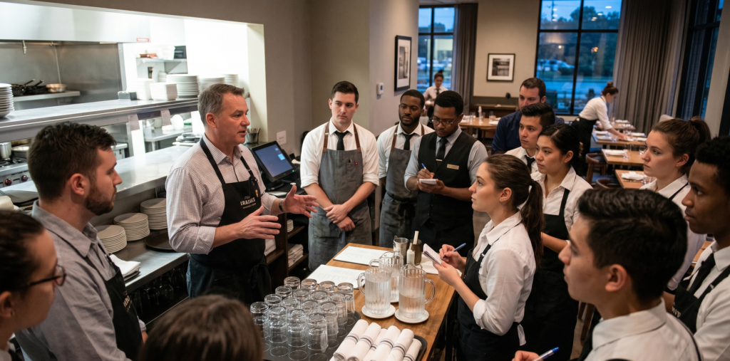 Restaurant staff preparing for alcohol service during a busy shift