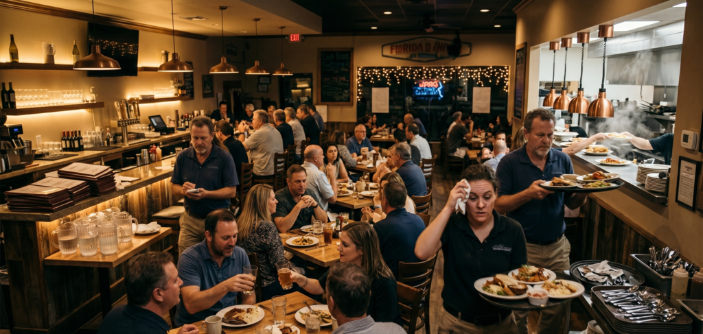 Busy restaurant service showing strong activity but hidden strain