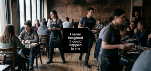 Busy restaurant floor showing a common customer injury hazard