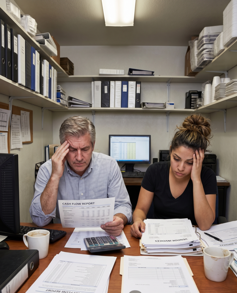 Restaurant owner reviewing financial stress and cash flow problems