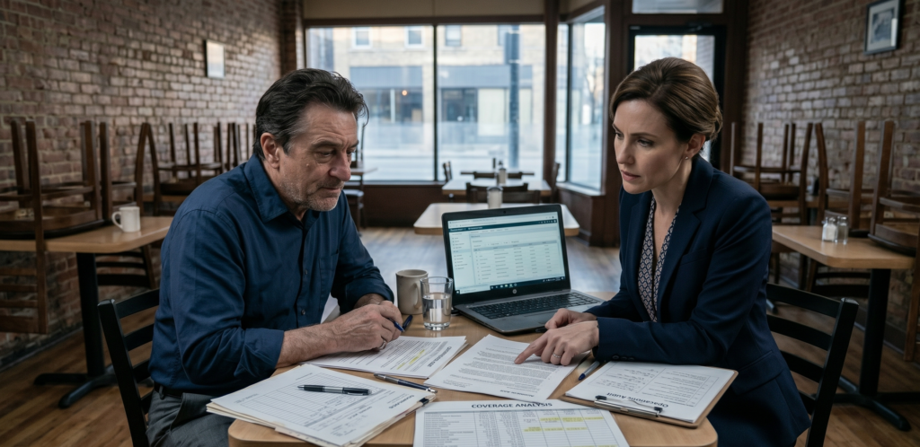 Restaurant owner reviewing insurance and business risks before a crisis