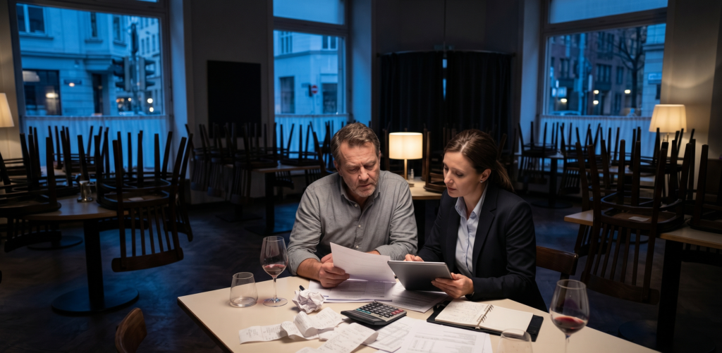 Restaurant owner reviewing liquor liability insurance after service