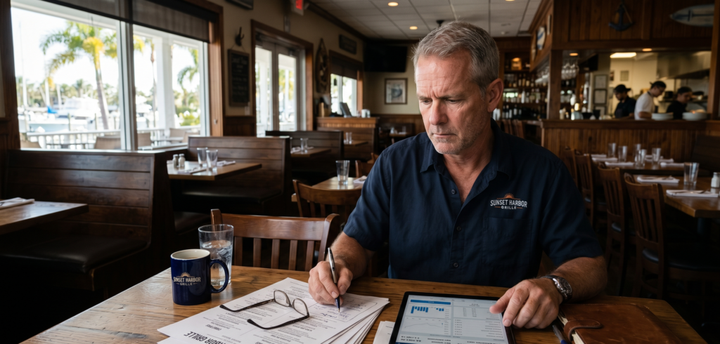Florida restaurant owner reviewing service fee disclosure on menus and receipts