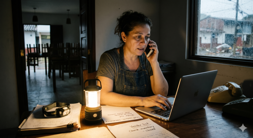 Business owner operating from a temporary mobile office after a disaster