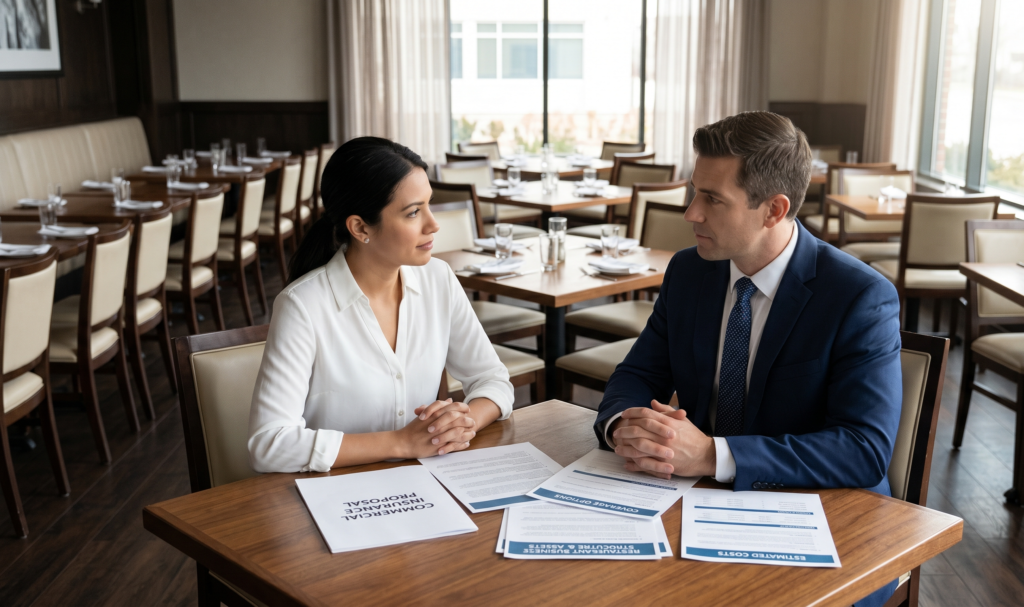 Restaurant owner reviewing insurance and restaurant risk during a profit crisis