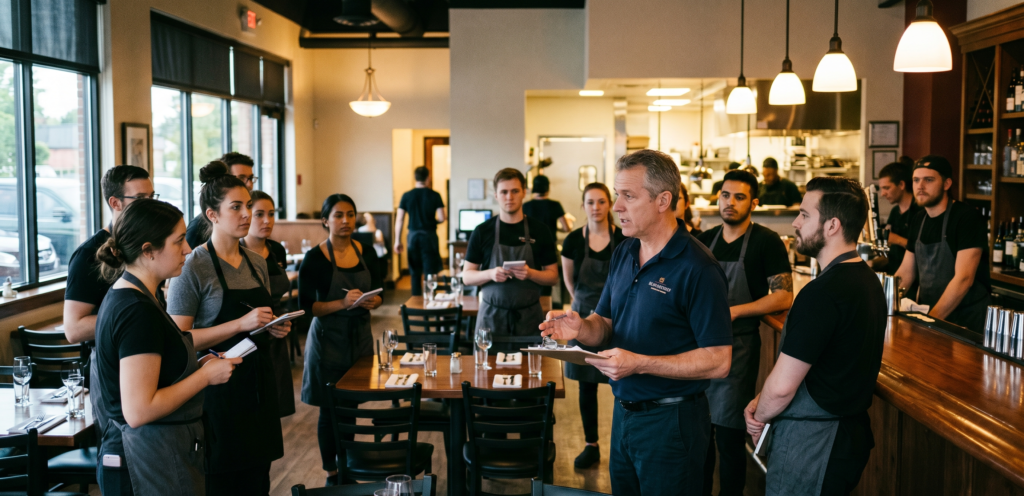Restaurant staff discussing alcohol service procedures before service