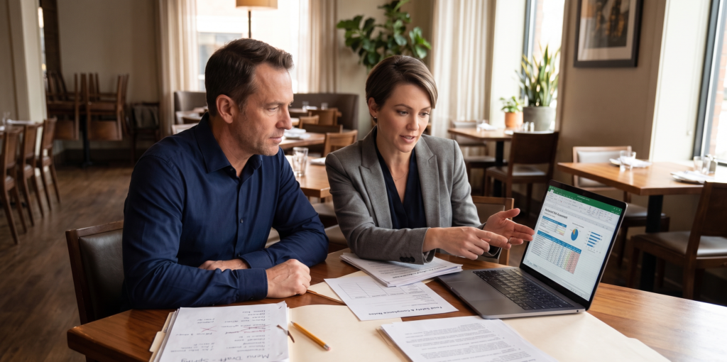 Restaurant owner reviewing compliance and risk strategy around service fees