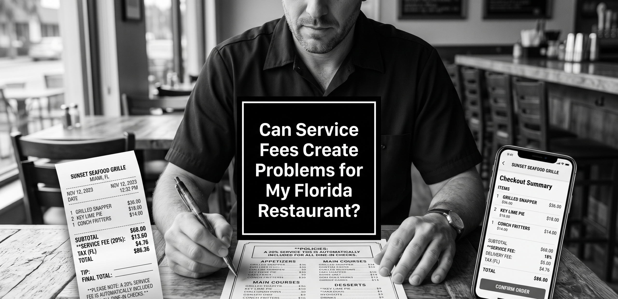 Restaurant owner checking consistency between menu, website, and receipt charges