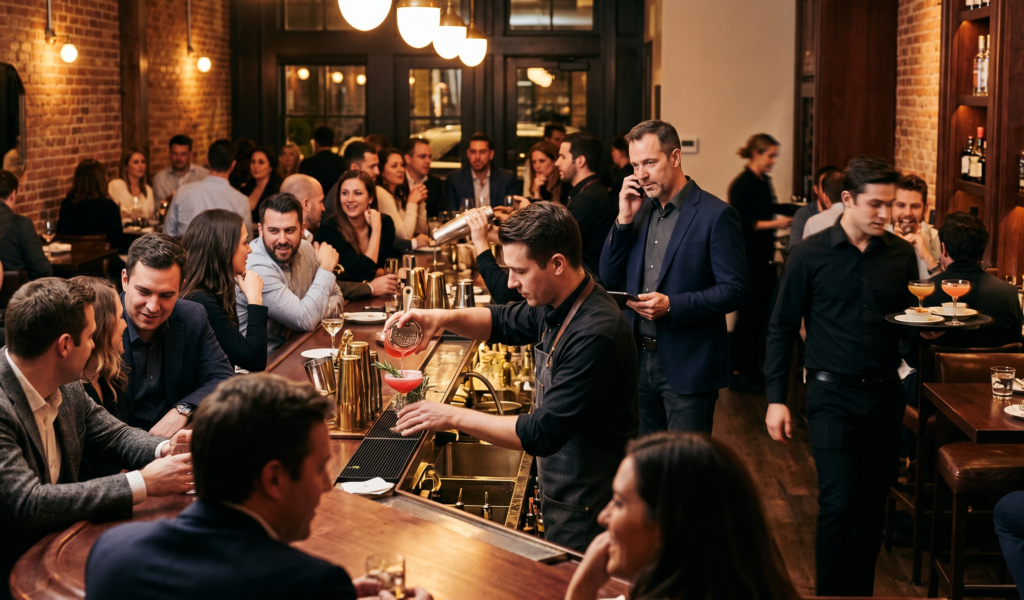 Busy restaurant bar showing stronger alcohol sales and more staff judgment pressure