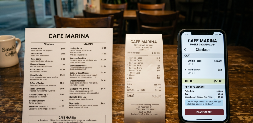 Restaurant fee disclosure shown across menu, receipt, and mobile ordering screen
