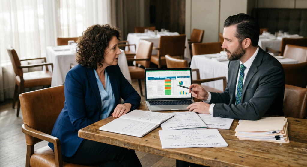 Restaurant owner reviewing cyber liability and continuity planning
