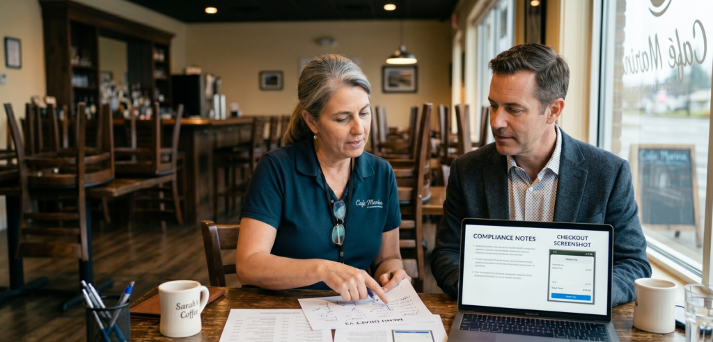 Restaurant owner reviewing fee disclosure strategy and business risk