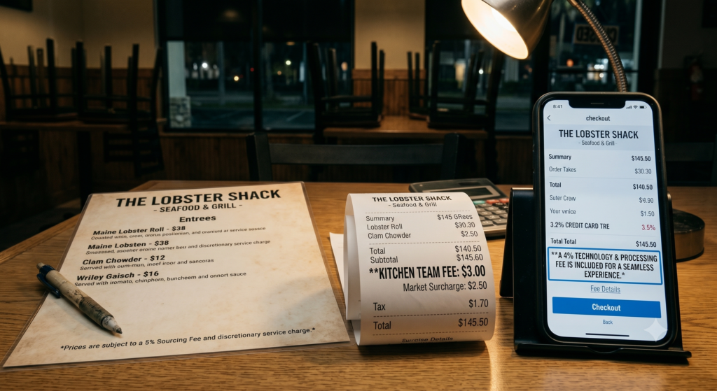 Restaurant fee disclosure shown across menu, receipt, and mobile ordering screen