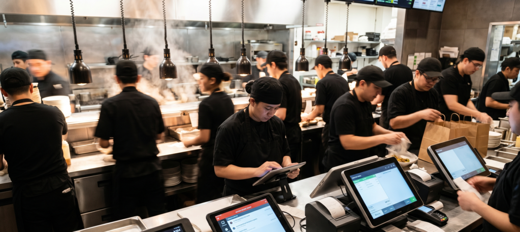 Restaurant staff working through multiple digital systems during service