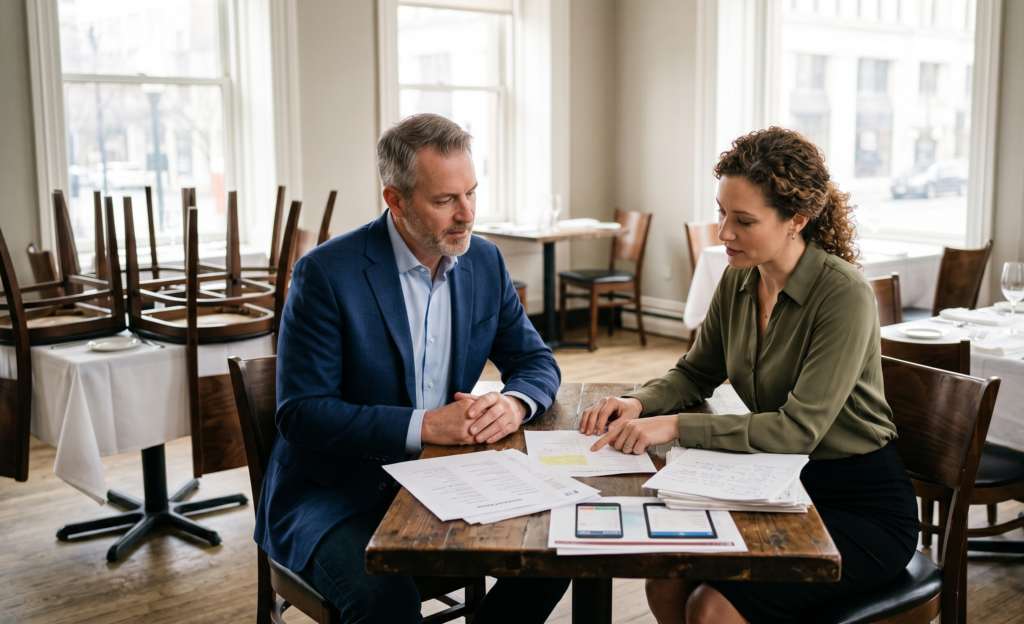 Restaurant owner reviewing fee disclosure and restaurant risk strategy